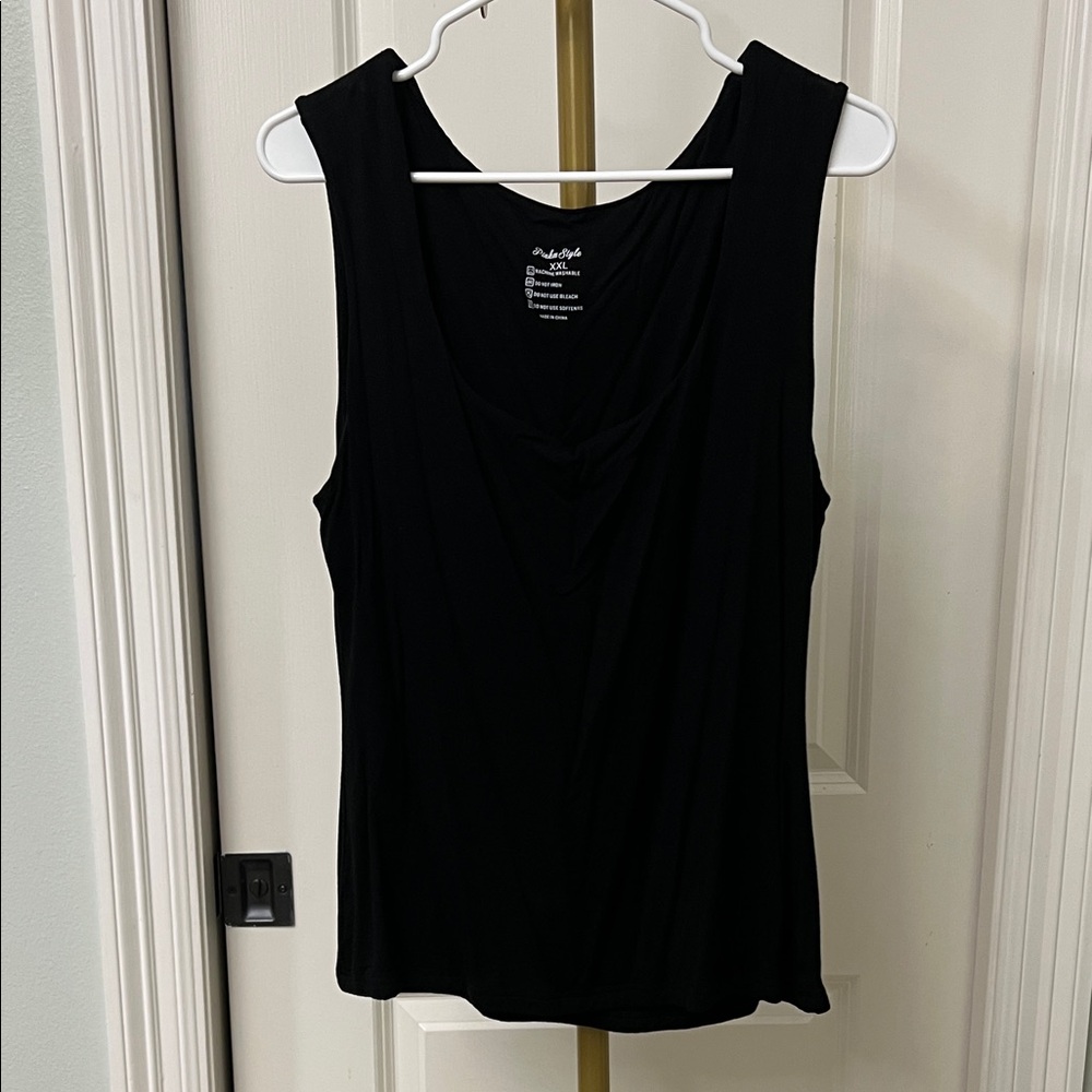 Square Neckline Elegant Black Sleeveless Tank Top with Super Stretch.